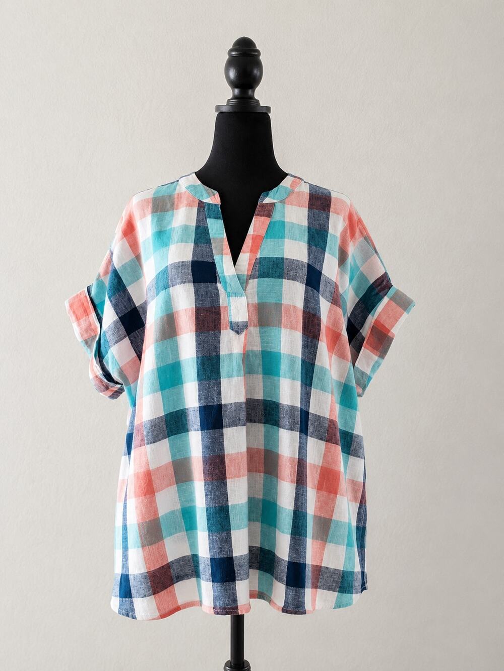 St. John's Bay Women's 1X Plaid Linen Cotton Tunic Top Short Sleeve Blue Pink
